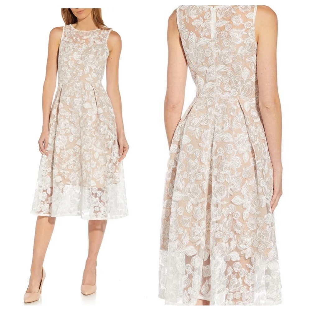 Adriana Papell tan with white lace overlay dress 23623